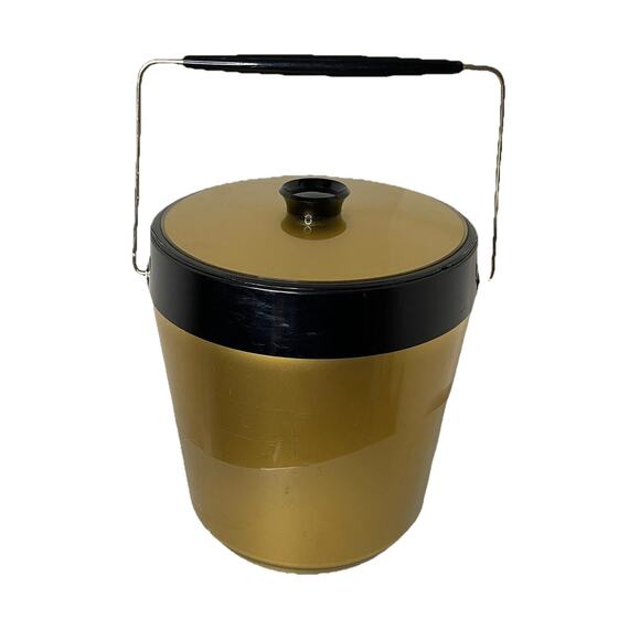 VTG West Bend Thermo Serv Atomic Gold Black Ice Bucket Mid-Century Barware -Flaw - Picture 1 of 16